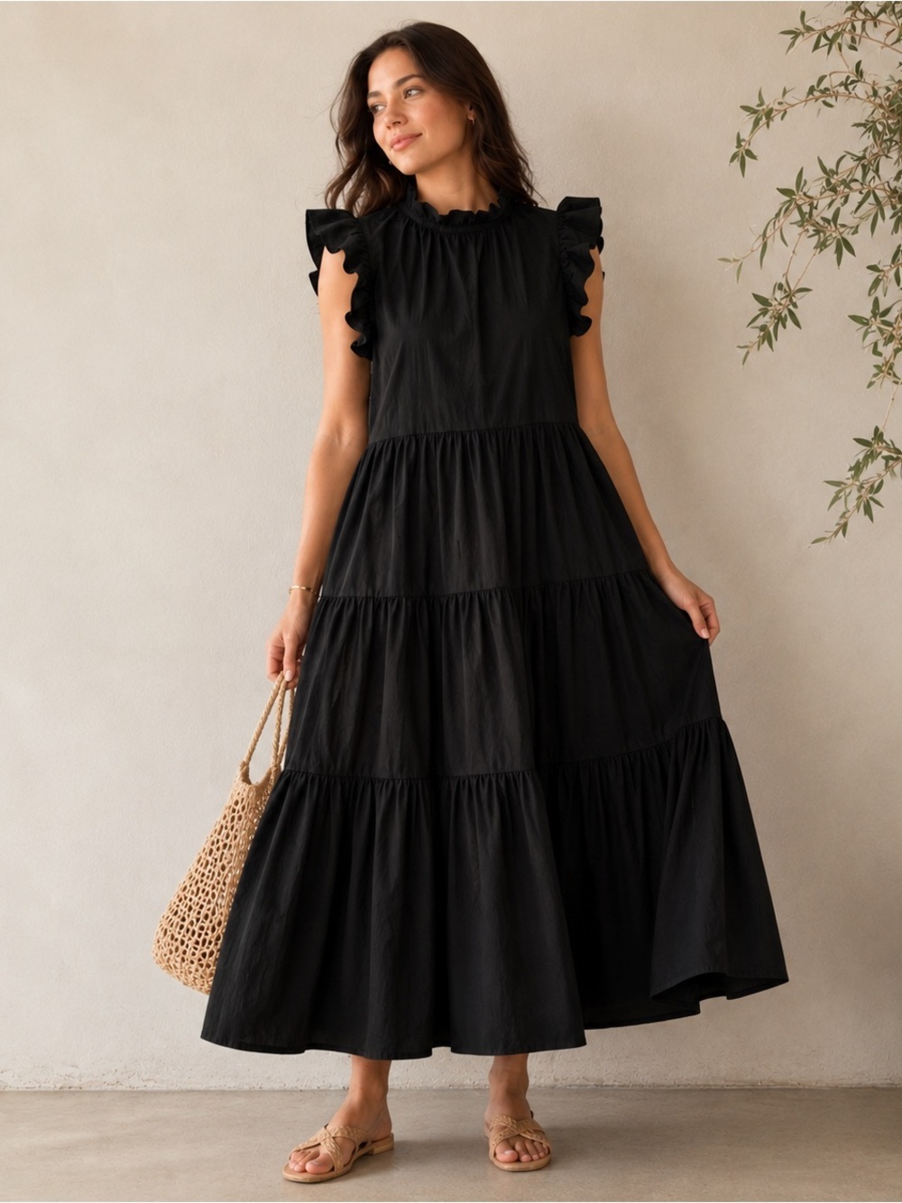 Chepe Italy Black Tiered Poplin Ruffle Sleeve Dress Sz- S Dark Cottagecore